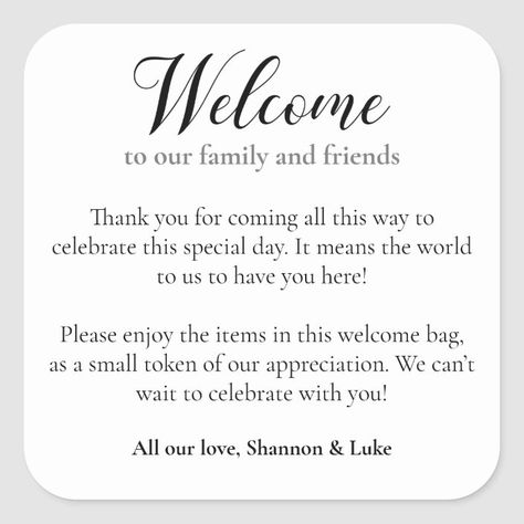 Modern Wedding Welcome Gift Bag Basket Square Sticker | Zazzle.com Guest Welcome Baskets, Welcome Gift Basket, Easter Wrapping Paper, Guest Gift Bags, Welcome Basket, Hotel Welcome Bags, Welcome Baskets, Wedding Stickers Labels, Wedding Gift Bags