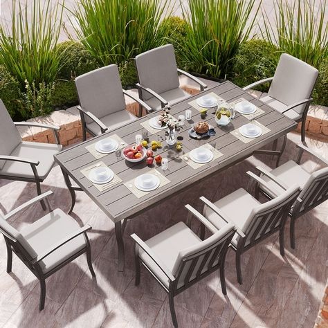 9-Piece Aluminum Patio Dining Sets for Outdoor Living - Bed Bath & Beyond - 39189127 Steel Dining Chairs, Outdoor Patio Table, Recycled Garden, Aluminum Patio, Outdoor Dining Furniture, Grey Cushions, Rectangle Table, Patio Dining Set, Elegant Dining