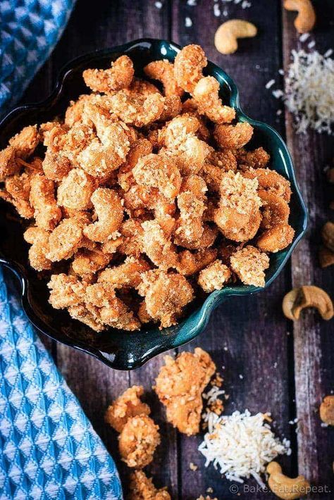 Coconut Cashews - Bake. Eat. Repeat. Candied Coconut, Healthier Appetizers, Pub Snacks, Coconut Cashews, Gf Deserts, Fingerfood Recipes, Cashew Recipes, Spicy Nuts, Dips Recipes