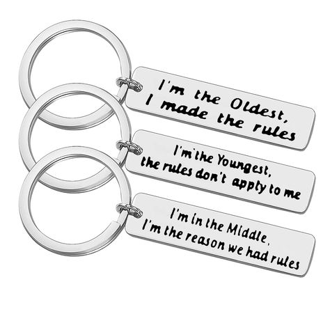 PRICES MAY VARY. Pull On closure Family Gifts for Sister Brother - Engraved words"I'm the oldest, I made the rules/I'm the middle,I'm th reason we have rules/I'm the youngest,the rules don't apply to me". Funny gifts to your brothers and sisters. 3pcs Sister Brother Matching Keychain Set - Sibling Keychain for little brother, big sister, little sister, step sister&brother, best friend; A perfect and meaningful gift for the best sibling, great gift for birthday, graduation, Easter, Christmas and Cute Gifts For Sister, Brother Keychain, Brother Gifts From Sister, Comedy Thoughts, Brother Gift Ideas, Gifts Brother, Gifts For Brothers, Birthday Gifts For Daughter, Friend Keychain