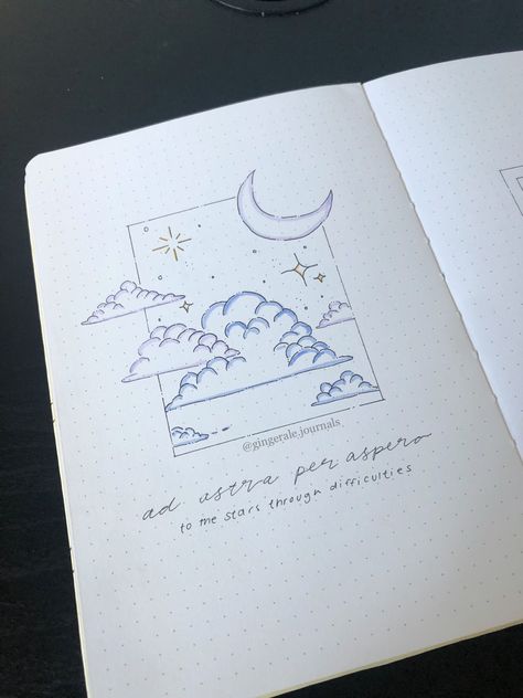 Dreamy Bujo Theme, Book Journal Start Page, Note Book First Page Design, Note Book First Page Ideas, Fantasy Bujo Theme, Sketch Book Starting Page, Celestial Journal Ideas, Bujo Stars Theme, Journal Ideas For First Page