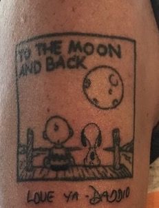 The finished product. Daddy and Bailey sitting on the dock of the bay..... Dock Tattoo, Dock Of The Bay, Moon Landing, Tattoos