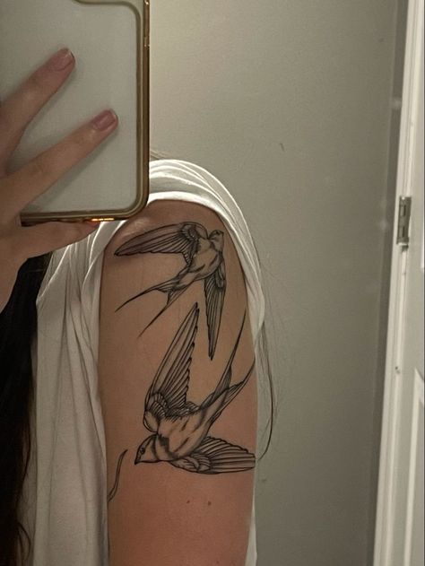 Swallows Arm Tattoo, Black Swallow Tattoo, Bicep Bird Tattoo Women, Tattoo Ideas Female Masculine, Bird Tattoo Swallow, Bird Tattoo On Thigh, Arm Tattoos For Women Birds, Black And White Arm Tattoos For Women, Humming Bird Tattoo With Flowers Sleeve