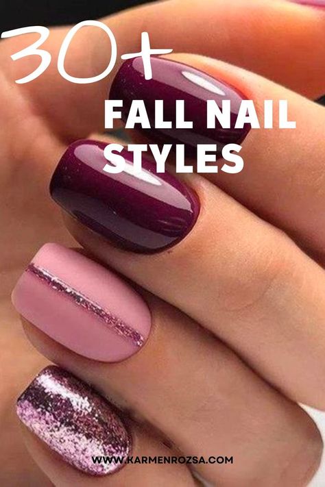 Match your fall outfit with cute fall nail styles, gel nails, lacquered nails and acrylic nails! Fall Nail Styles, Short Nail Styles, One Glitter Nails, Easy Fall Nail Designs, Burgundy Nail Art, Fall Wedding Nails, Fancy Nail Art, Pink Nail Colors, Wine Nails