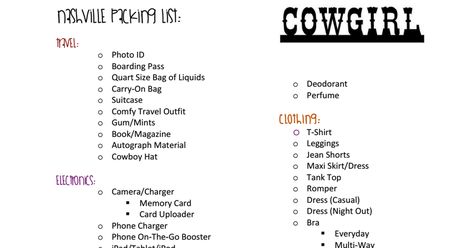 Nashville Packing List- Cowgirl.pdf Nashville Packing List Fall, Nashville Packing List Summer, Nashville Packing List Spring, Girls Weekend Packing List, Nashville Packing List, Packing List Spring, Fall Packing List, Nashville Fall, Weekend Packing List