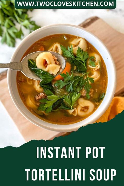 This savory, hearty Instant Pot Tortellini Soup combines rich sausage, vegetables, and cheesy tortellini. Coming together in under 30 minutes, it's a healthy meal everyone will enjoy! Soups And Stews Recipes, Instant Pot Tortellini Soup, Instant Pot Tortellini, Tortellini Soup With Sausage, Winter Soups And Stews, Sausage And Vegetables, Cheesy Tortellini, Soup With Sausage, Stews Recipes