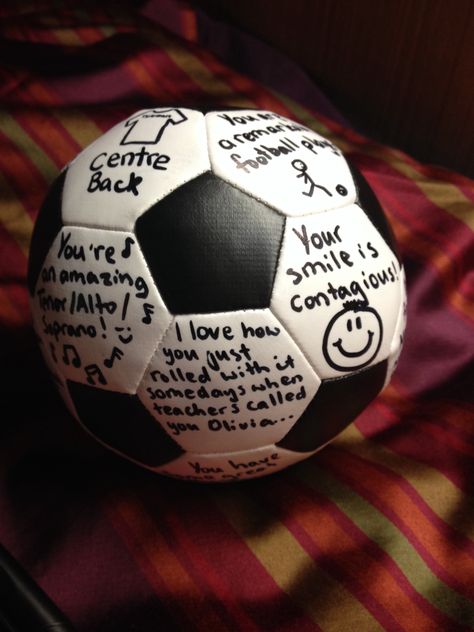 Getting an item that the person likes and writing compliments and memories on it. This one I made and gave anonymously to a friend of mine at school. The effect is contagious! Soccer Gifts For Boyfriend, Gifts For Boyfriend Football, Football Boyfriend Gifts, Bf Gift, Boyfriend Ideas, Football Boyfriend, Bf Gifts, Soccer Gifts