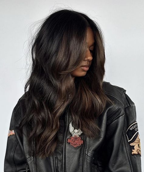 Dark With Dimension Hair, Black And Chocolate Balayage, Fall Dark Hair Color Balayage, Halo Hair Dye Style Brown And Black, Dark Hair Extensions Before And After, Dark Hair Latina, Brunette Balayage With Bangs, Dark Brown Hair With Deminsions, Espresso Highlights On Dark Hair