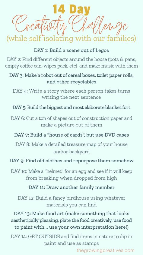 14 Day Creativity Challenge to do with your family while self isolating | thegrowingcreatives.com Reboot Your Life, 2023 Challenge, Season Activity, Creativity Challenge, Adventure Challenge, Year Journal, Homeschool Fun, Spring Challenge, Acupressure Therapy