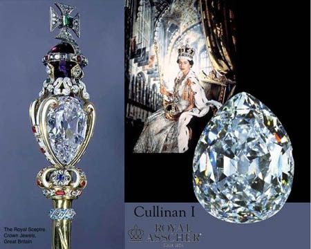 The Royal Sceptre from Great Britain's Crown Jewels holds the 530.4 carat Cullinan I diamond, also known as the "Great Star of Africa." The Imperial State Crown (worn by Queen Elizabeth II in her coronation portrait above) holds the Cullinan II, a cushion-cut diamond of 317.40 carats Cullinan Diamond, British Crown Jewels, Diamond Facts, Royal Crown Jewels, Expensive Diamond, Royal Crowns, Royal Tiaras, Asscher Diamond, Isabel Ii