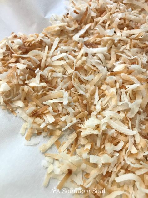 Toasting Coconut Flakes, How To Toast Coconut, Toast Coconut, Oven Roasted Chicken Breast, Coconut Poke Cakes, Pineapple Skewer, A Southern Soul, Coconut Shavings, Fluff Desserts