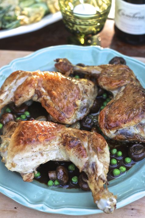 Garlic Chardonnay Chicken Thighs with Mushrooms and Peas Chardonnay Chicken, Chicken Thighs With Mushrooms, Hobbit Food, Garlic Chicken Thighs, Chicken Thighs Mushrooms, Farm To Table Recipes, Braised Chicken Thighs, English Peas, Dinner Drinks