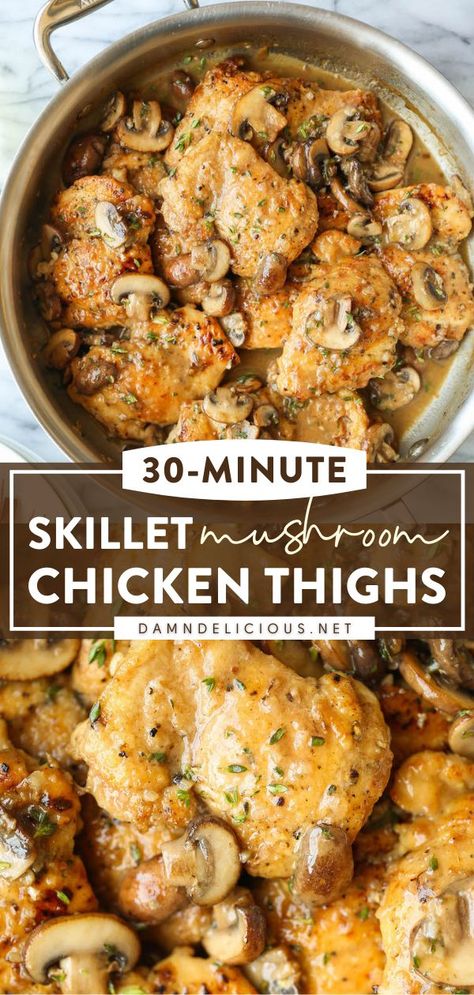 Mushroom Chicken Thighs, Planning 2024, Skillet Chicken Thighs, Chicken Thighs Dinner, Chicken Smothered, Chicken Tonight, Skillet Recipes, Chicken Meals, Quick Chicken