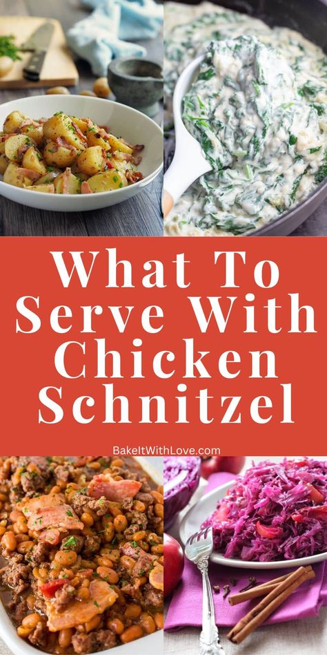 Chicken Schnitzel Meal Ideas, Chicken Schnitzel Dinner Ideas, Side Dishes For Schnitzel, Chicken Snitzel Meals, Chicken Snitzel Recipe German, Beef Snitzel Dinner, Sides For Schnitzel, Chicken Snitzel Recipe Dinners, Snitzel Chicken