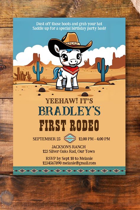 First rodeo cute baby cowboy horse birthday party template invitation instant download western theme Horse Birthday Party Invitations, Cowboy Party Invitations, Desert Backdrop, Horse Birthday Party, Birthday Party Template, Rodeo Birthday Parties, Baby Horse, Rodeo Party, Horse Birthday Parties