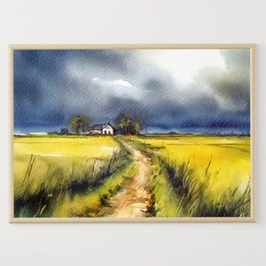 Thunderstorm Landscape Countryside Watercolor Painting Cottage Wall Art Yellow Field Poster Countryside watercolor poster, high quality giclee print. WITHOUT FRAME - Giclee print on acid-free archival paper - Printed from my original painting - 5x7 inches - 8x10 inches - 11x14 inches - 12x16 inches - 12x18 inches - 16x20 inches - 18x24 inches - 20x30 inches - 24x36 inches Please note that the colors may vary slightly due to different screens! To sell my paintings as reproduction, I chose a print Watercolor Large Paintings, English Countryside Watercolor, Watercolor Landscape Paintings Nature Beautiful, Countryside Watercolor, Cottage Wall Art, Landscape Painting Watercolor, Landscape Countryside, Yellow Field, Easy Landscape Paintings