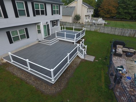 Deck Design Plans, Picture Projects, Grey Deck, Ground Level Deck, Deck Remodel, White Deck, Vinyl Railing, Deck And Patio, Deck Pictures