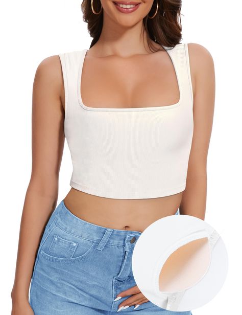 PRICES MAY VARY. [Soft & Stretchy Materials] Crop tops for women is made of 79% Nylon and 21% Spandex, this athletic tops for women is super soft, the lightweight fabric of ribbed tank tops for women is breathable, ribbed knit fabric, sweat-wicking, high elastic recovery, non-see through and skin-friendly, this sports top comfy to wear that feels just like your second skin. [Square Neck & Sleeveless] The workout tops for women is featuring sexy square neckline, sleeveless tops for women is showi Bra Design, Athletic Tops, Workout Tops For Women, Workout Crop Top, Tank Top Bras, Lounge Lingerie, Summer Crop Tops, Womens Tops Summer, Top Tank