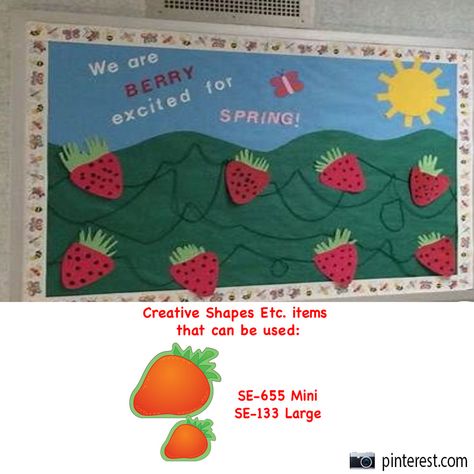 May Bulletin Boards, Spring Bulletin Board Ideas For Preschool, Strawberry Bulletin Board, Garden Bulletin Boards, Cafeteria Decorations, Spring Bulletin Board Ideas, School Cafeteria Decorations, Sneaky Veggies, April Bulletin Boards