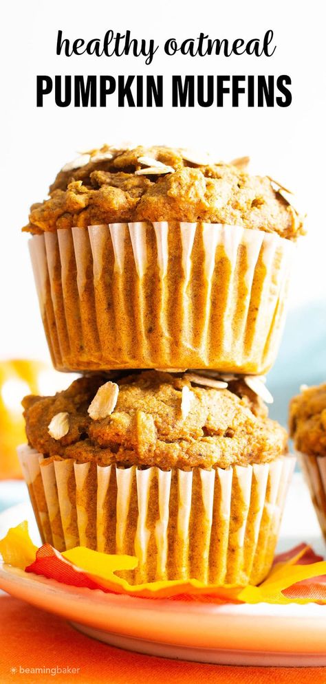 This Healthy Pumpkin Oatmeal Muffins recipe yields lightly sweet, moist pumpkin oatmeal muffins made with vegan + gluten free ingredients. #Pumpkin #Oatmeal #Muffins | Recipe at BeamingBaker.com Gluten Free Pumpkin Muffins Healthy, Oatmeal Muffins Vegan, Healthy Pumpkin Oatmeal Muffins, Healthy Pumpkin Oatmeal, Pumpkin Oatmeal Muffins, Oatmeal Muffin, Delight Dessert, Oatmeal Muffin Recipes, Gluten Free Pumpkin Muffins