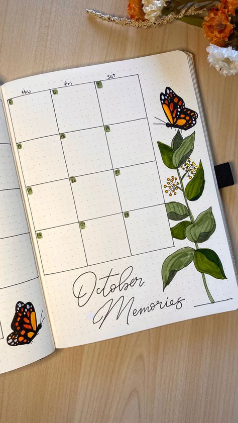 Butterfly Bujo, Bullet Journal Bookshelf, Autumn Bullet Journal, October Bujo, October Bullet Journal, Bullet Journal September, Bullet Journal Monthly Spread, Green Minimalist, Book Cover Diy