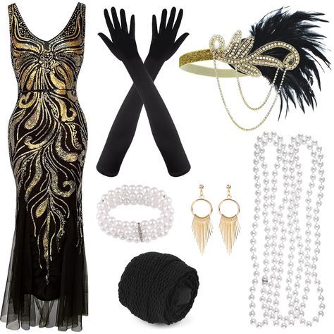 PRICES MAY VARY. 1920S ACCESSORIES FOR WOMEN PACK: 1 × great gatsby party dress, 1 × feather gold headband, 1 × pearl bracelet, 1 × pearl necklace, 1 × black prop, 1 × fishnet tights, 1 pair of black long gloves(2pcs), 1 pair of gold tassel earrings(2pcs), in total 10 pieces READ BEFORE BUYING: Mesdium:33.46(bust/in),28.35(waist/in)37.01(hips/in);Large:35.43(bust/in),30.71(waist/in),39.37(hips/in);X-Large:37.40(bust/in),33.86(waist/in),41.34(hips/in) CHARMING DESIGN: Roaring 20s costumes for wom 1920s Themed Party Outfit, Roaring 20s Prom Theme, Great Gatsby Party Outfit Women, Great Gatsby Prom Theme, Gatsby Party Outfit Women, Roaring 20s Accessories, Charleston Design, Dresses Christmas Party, Great Gatsby Party Dress