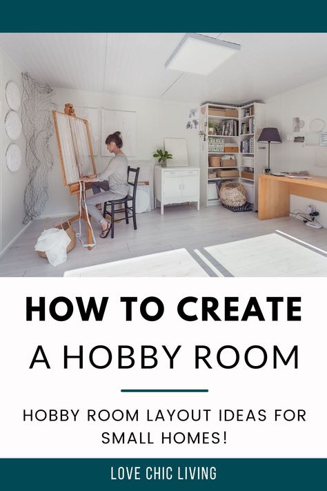 Sometimes you have to get creative with your hobby rooms! In this post I'll show you how to make space for your hobbies in the smallest of rooms because not everyone has the space for a full hobby room basement - and that's ok! Here are my favourite creative hobby room organization hacks, layout ideas, small room design tips and great ways to include your hobby into your home design. Basement Hobby Room Ideas, Creative Space Living Room, Multi Purpose Room Ideas Layout, Small Hobby Room, Extra Room Ideas Creative, Hobby Room Ideas Layout, Multi Purpose Room Ideas, Cozy Hobby Room, Craft Room Layout Ideas