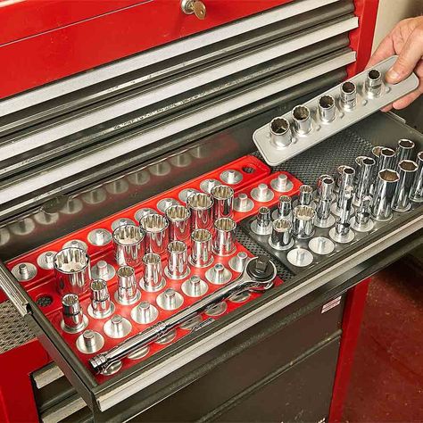 Organized socket tray Socket Trays, Socket Storage, Socket Organizer, Handy Tools, Auto Mechanic, Socket Wrench Set, Car Buying Tips, Tray Organization, Torque Wrench