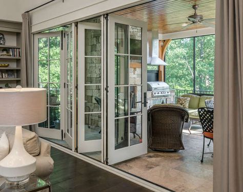 16 Examples of Outdoor Living Design Done Right Sliding Glass Outside Doors, Outdoor Accordion Doors, Folding Outdoor Doors, Folding Exterior Doors Patio, Patio Door To Sunroom, Screened Porch With Double Doors, Enclosed Outdoor Dining Room, Foldable Patio Doors, Enclosed Porch With Sliding Glass Doors