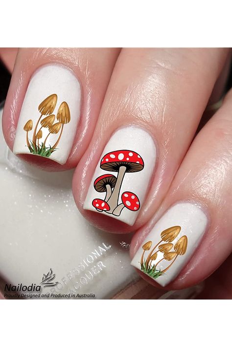 Mushroom Nail Art Decal Sticker Nail Mushroom, Trippy Mushroom Nails, Anytime Nails, Mushroom Nail Art, Mushroom Nails, Tiny Ants, Nail Decals Designs, Fairy Nails, Beauty Hacks Nails