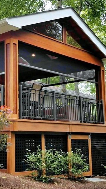 Covered Deck Roof Ideas, Screened In Back Porch Ideas, Sunroom Remodel, Back Porch Designs, Cabin Deck, Pergola Roof, Retractable Screens, Backyard Grill, Deck Remodel