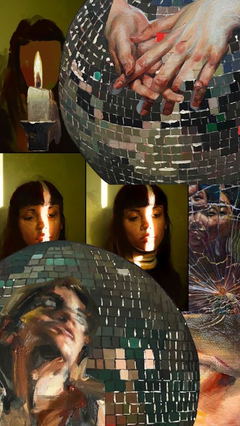 Painting Of Mirror, Mirrored Painting, Disco Ball Reflection, Mirror Ball Painting, Mirrorball Painting, Mirrorball Art, Gcse Fragments, Mirror Composition, Disco Ball Painting