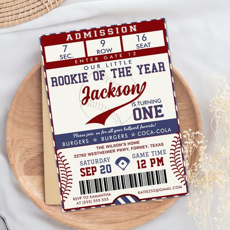 Rookie of the Year 1st Birthday Baseball Ticket Invitation Rookie Year First Birthday, Baseball Ticket Invitation, 1st Birthday Baseball, First Birthday Baseball, Baseball Invitations, Baseball First Birthday, Baseball Ticket, Rookie Of The Year, Baseball Birthday