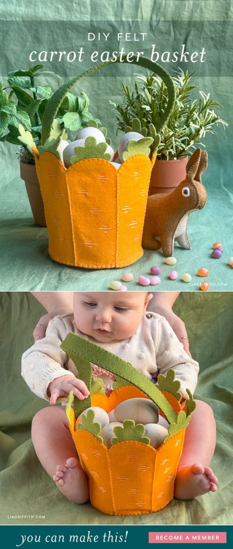 Felt Carrot Easter Basket DIY Pattern & Tutorial - Lia Griffith - created via https://pinthemall.net Felt Carrot, Felt Easter Crafts, Basket Sewing Pattern, Diy Kids Party, Creative Easter Baskets, Easter Baskets To Make, Easter Basket Crafts, Felt Basket, Easter Crafts For Adults