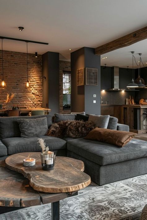 Basement Living Ideas, Small Farmhouse Interior Living Room, Industrial Cozy Living Room, Angled Living Room, Small House Living Room Ideas, Masculine Living Room, Lounge Interior, Bilik Idaman, Industrial Livingroom