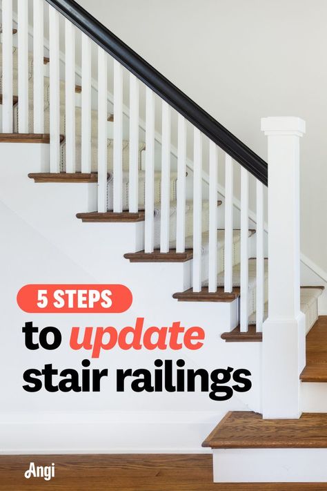 5 steps to update stair railings with a black stained hand rail on white stair spindles