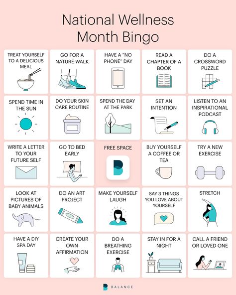 Bingo Board: Celebrate National Wellness Month | The Balance App Wellness Bingo Ideas, Wellness Month Ideas, National Wellness Month, Wellness Bingo, Staff Engagement, Coping Methods, Healthy Eating Challenge, Nursing Board, School Nursing