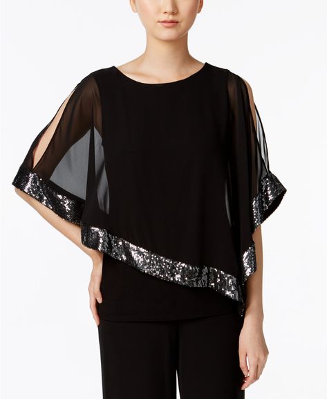 MSK Sequined Chiffon Asymmetrical Blouse & Reviews - Tops - Women - Macy's Dressy Tunic Tops, Overlay Blouse, Evening Blouses, Formal Tops, Asymmetrical Blouse, Chiffon Overlay, Black Tunic, Review Dresses, Asymmetrical Tops