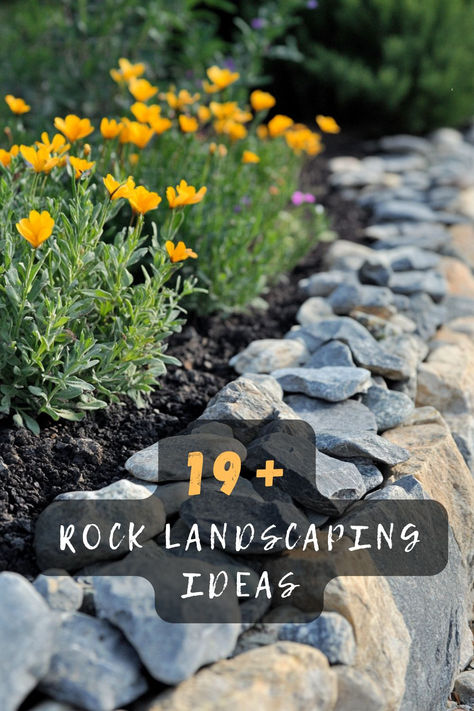 Transform your garden with stunning rock landscaping! Click to explore ideas that create a natural oasis. 🌿🪨🏡 #RockLandscaping #GardenDesign #NaturalOasis #LandscapingIdeas #OutdoorStyle How To Use Large Rocks In Landscaping, Landscape Rock Wall Ideas, Rock Boarders For Gardens, Slate Rocks Landscaping, Simple Rock Landscaping Ideas Front Yard, Yard Rock Ideas, Zero Scaping Ideas, Lake Landscaping Ideas, Rock Border Flower Bed