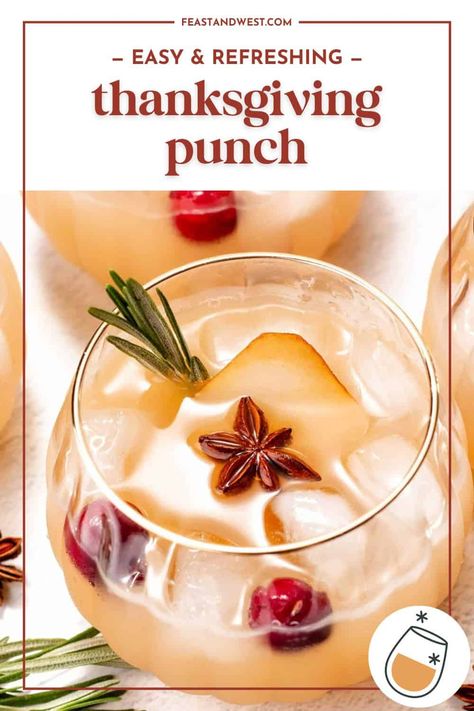 This delicious Pear Thanksgiving Punch is a cozy yet light and refreshing option for the holidays! Mix up a batch for your next gathering. Punch Recipes Thanksgiving, Pomegranate Pear Punch, Thanksgiving Beverages Non Alcoholic, Thanksgiving Alcoholic Punch, Thanksgiving Punch With Alcohol, Thanksgiving Punch Non Alcoholic, Thanksgiving Punch Recipes, Thanksgiving Alcohol, Pear Punch