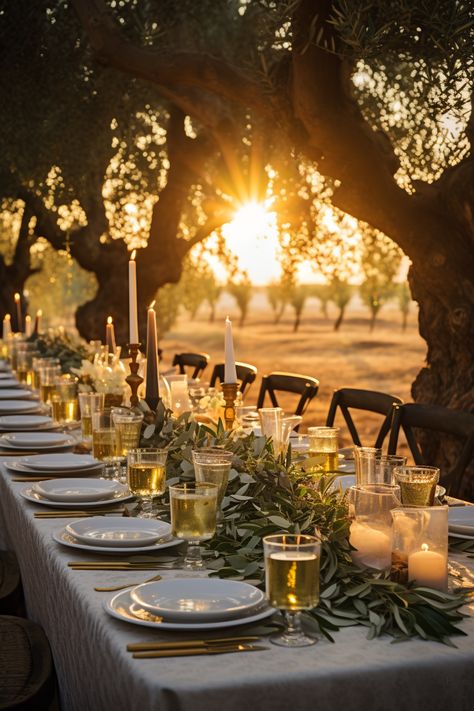 A wedding in Italy among the timeless olive trees. In a land abounding with wine and olive oil, where the light of the setting sun turns everything it touches into gold. In this setting, the bride and groom say ‚I do’ to each other, for the rest of their lives. This version was created with the help of AI, but with a dedicated wedding planner like Bartos, your dream becomes a tangible reality. Contact Bartos, your trusted wedding planner, at italwedd@gmail.com. Wedding Ideas Italy, Fall Tuscan Wedding, Olive Decoration Wedding, Olive Tree Wedding Decor, Rustic Italian Wedding, Destination Wedding Italy, Wedding In Italy, Tuscan Wedding, Dream Wedding Venues