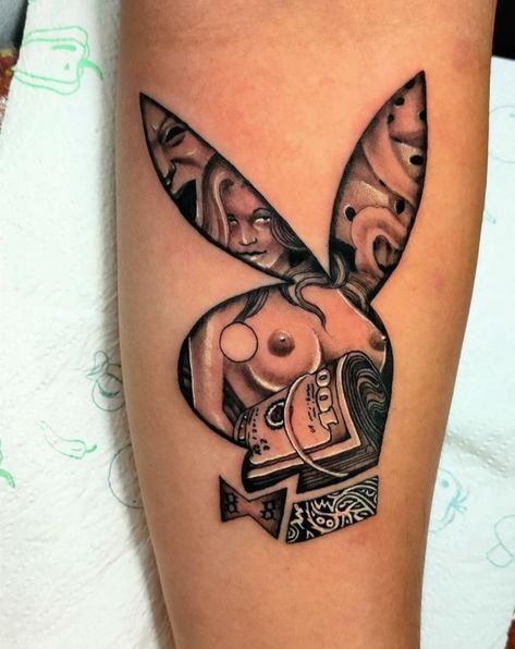 Playboy Bunny Tattoo, Girly Hand Tattoos, Playboy Tattoo, Chicano Style, Tattoo Lettering Design, Dibujos Tattoo, Money Tattoo, Chicano Style Tattoo, Bunny Tattoos