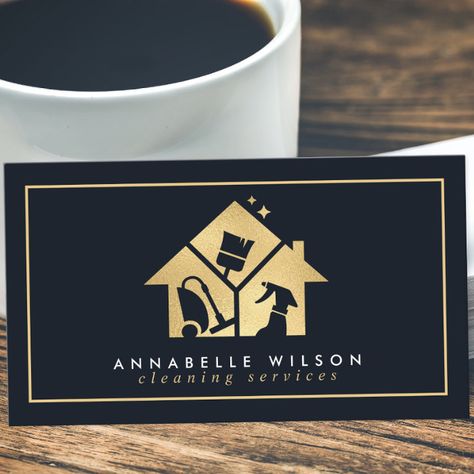 Gold House Cleaning Services Business Card - business card Cleaning Office, Cleaning Service Logo, Industrial Cleaning, Gold House, House Icon, Carpet Cleaning Business, Domestic Cleaning, Cleaning Business Cards, Business Card Design Creative