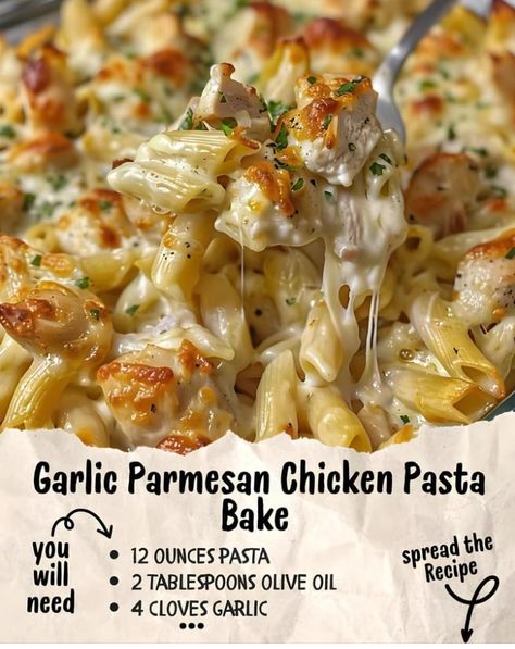 Garlic Parmesan Chicken Pasta, Parmesan Chicken Pasta, Creamy Pasta Bake, Spatchcock Chicken, Chicken Parmesan Pasta, Chicken Pasta Bake, Rotini Pasta, Pasta Ingredients, Garlic Parmesan Chicken