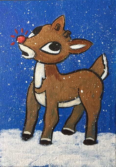 Rudolph Painting Canvas, Cute Reindeer Painting, Rudolph The Red Nosed Reindeer Painting, Easy Reindeer Painting, Reindeer Painting Canvases, Reindeer Canvas Painting, Rudolph Painting, December Art Challenge, Deer Drawing Easy