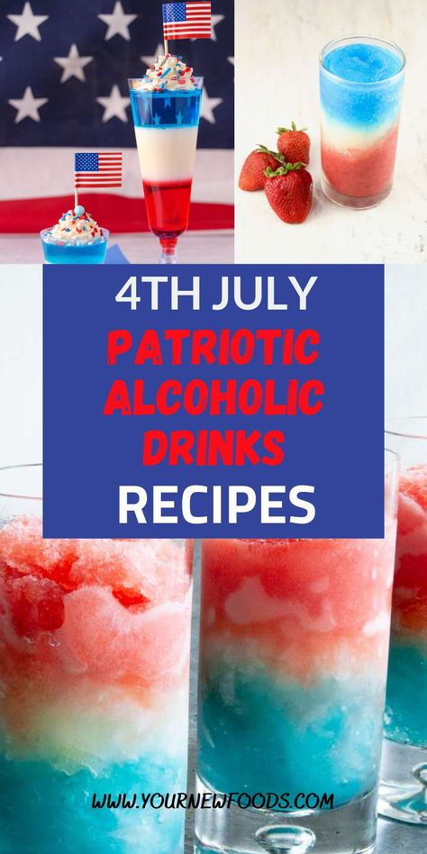 4th of July Alcoholic DrinksFourth of July is the biggest picnic day of the year, with cookouts and parties in just about every neighborhood.And there’s no better way to celebrate than with a festive drink in hand. From red, white and blue cocktails to jello shots and even patriotic ice cubes, these recipes are perfect for the Fourth of July. You’ll also find ideas for alcoholic punch here. 4th Of July Drinks, 4th Of July Party Food, July Cocktails, Patriotic Drinks, Fourth Of July Drinks, Patriotic Recipes, Patriotic Cocktails, 4th Of July Cocktails, Spiked Lemonade