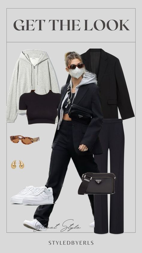 outfit details: Black structured blazer, grey hoodie, black crop top, black high waisted trousers, white classic airforces and PRADA crossbody with gold earrings and turtle shell sunglasses Chic Streetwear, Structured Blazer, Casual Date Night, Turtle Shell, Black Crop Top, Prada Crossbody, Casual Date, Versatile Outfits, Sporty Chic