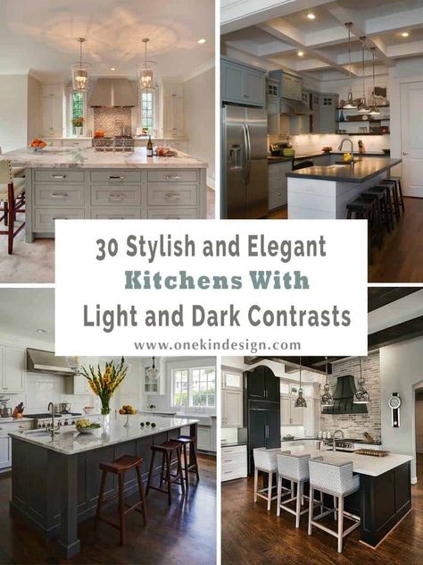 30 Stylish and elegant kitchens with light and dark contrasts Light Upper Cabinets Dark Lower, Paint Colors With Dark Cabinets, Dark Cabinets With Light Floors, Dark Lower Cabinets Light Upper, Kitchen Paint Colors With Dark Cabinets, Contrast Kitchen, Dark Lower Cabinets, Dark Kitchen Floors, Inspiring Kitchens