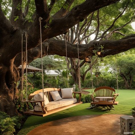 Big Tree In Backyard, Green Backyard Aesthetic, Willow Tree Garden Backyards, Big Backyard Aesthetic, House Around Tree, Garden Inspo Ideas, Unique Backyard Ideas, Pretty Backyards, Gorgeous Backyards