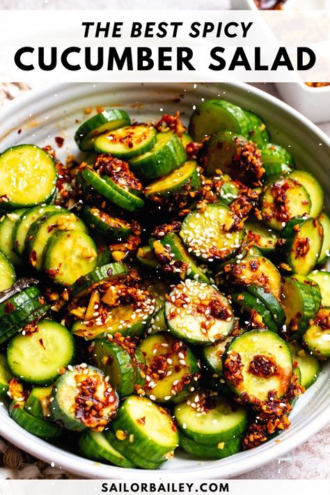 Try this zesty and Spicy Cucumber Salad. Ready in 10 minutes, it's the perfect quick and tasty snack! Spicy Korean Cucumber, Carbs Meals, Korean Cucumber Salad, Cucumber Snacks, Sailor Bailey, Korean Cucumber, Spicy Cucumber Salad, Spicy Cucumber, Asian Cucumber Salad